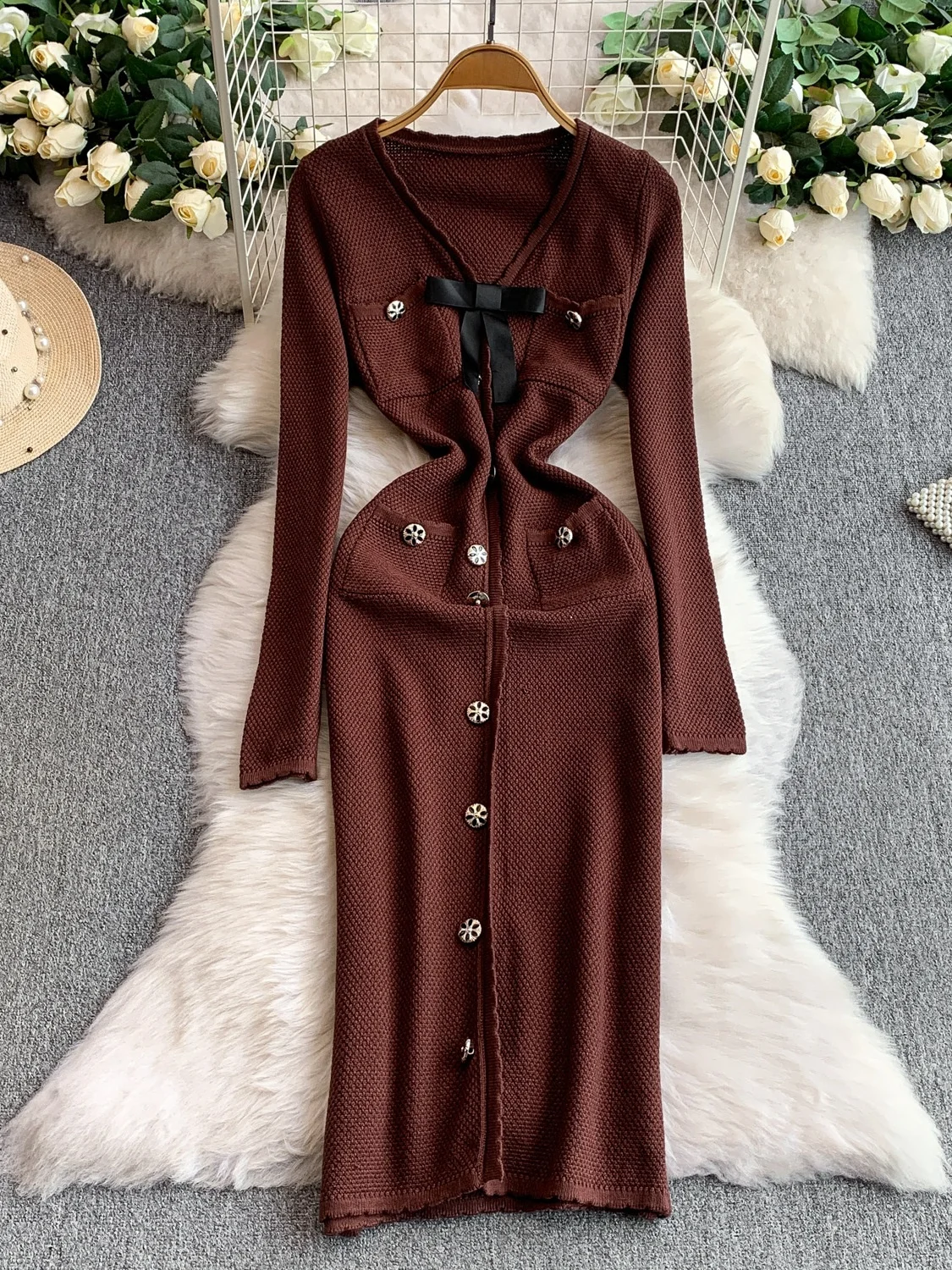 Ele Sweet Knot V-Ne Dr للسيدات للخريف والشتاء بقصة ضيقة وزر واحد طويل Dr Faionable عالي الخصر A-Li...