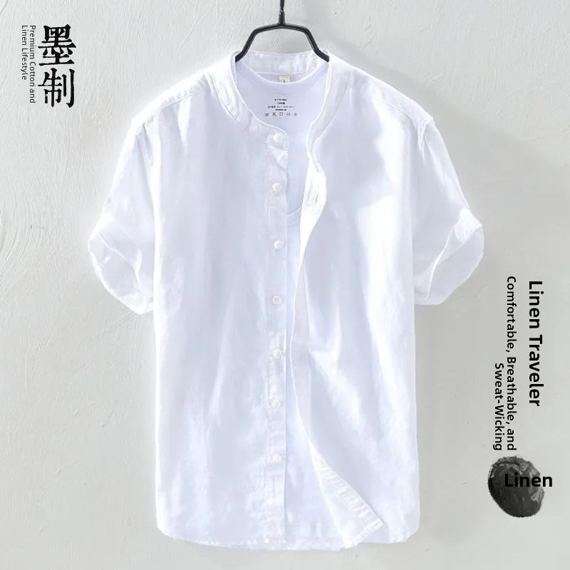 Loose Fit Linen Cotton Short Sleeve Shirt Men's Casual Vintage Style Breathable Versatile Deep Blue V-Neck Open Cardigan