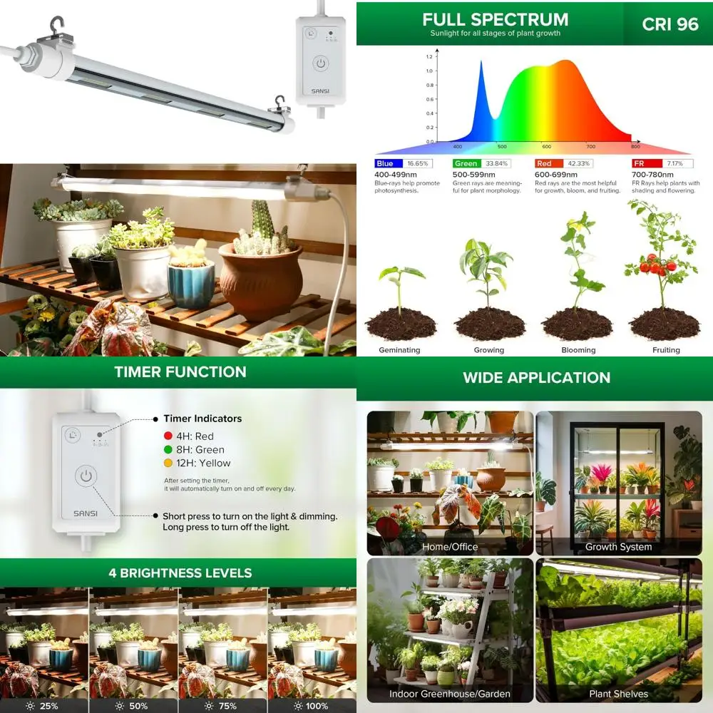 

Светодиодные ленты для выращивания растений, 2 фута, 4000 К, полный спектр, 25 Вт, эквивалент до 195 Вт, 4-уровневая регулировка яркости для роста комнатных растений
