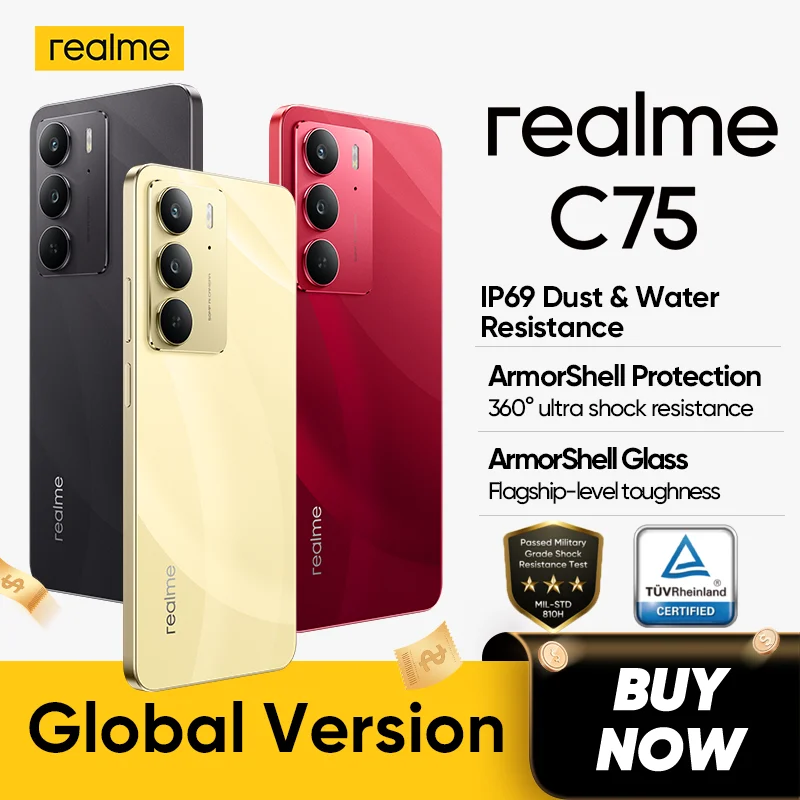 Глобальная версия смартфона Realme C75 4G IP69 IP68 IP66 Пылене и водонепроницаемость Военный класс 5828 мАч 45 Вт Обратная зарядка Прочный