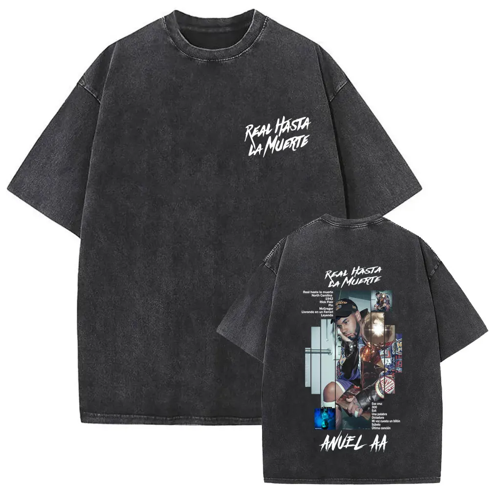 Washed Vintage Rapper ANUEL AA Real Hastala Muerte Album Graphic T-shirt Men Women Hip Hop Fashion Oversized T Shirts Streetwear