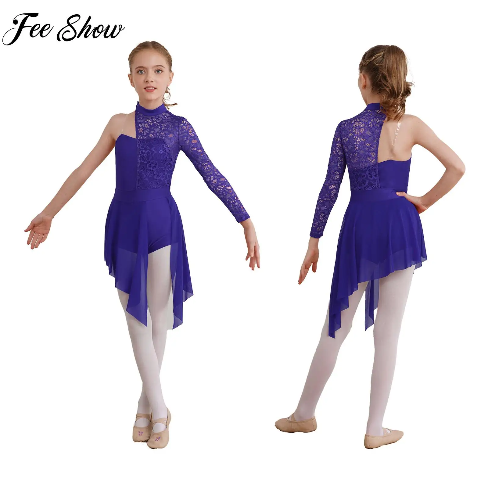 

Children Girs Lyrical Modern Latin Jazz Cha-cha Dance Dress Figure Skating Gym Performance Costume Half Floral Lace Hem Jumpsuit