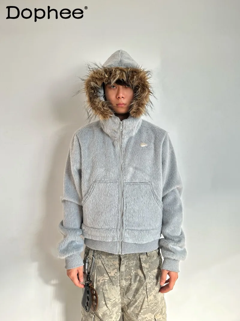 

2025 Autumn Winter New American Retro Fur Collar Hooded Sweatshirt Short Casual Zipper Fashion Trendy Jacket Unisex