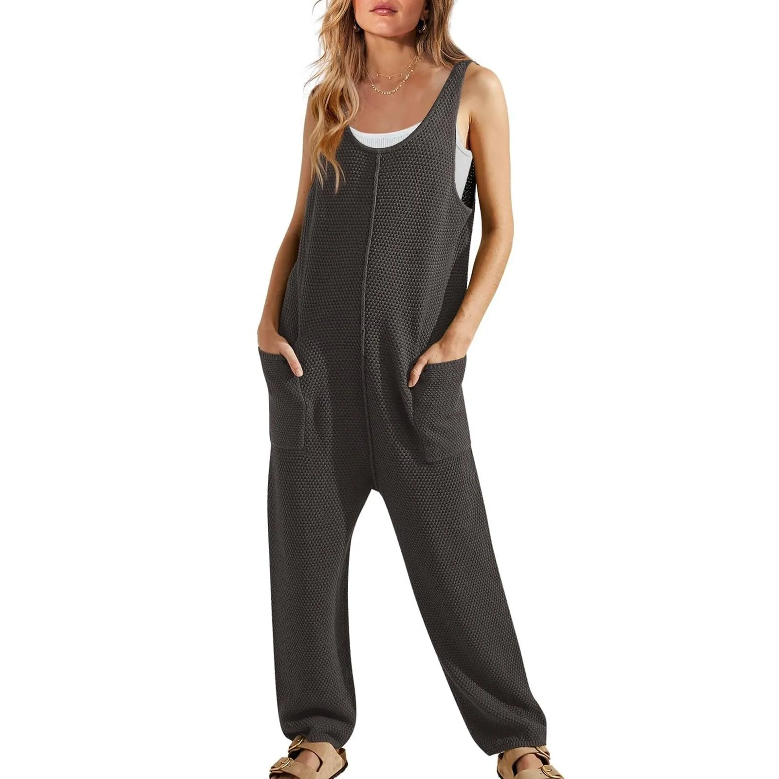 European And American Jumpsuits Wide-Leg Solid Dungaree Bib Overalls Waffle Leisure Fashion V-Neck Sling Loose Jumpsuits Women