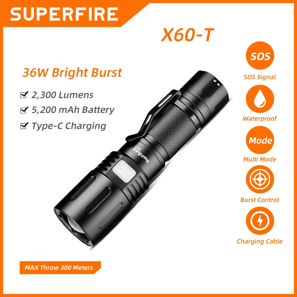 SUPERFIRE X60-T Powerful Rechargeable LED Flashlight 26650 Ultra Bright Torch waterproof Zoomable Camping Fishing Lantern