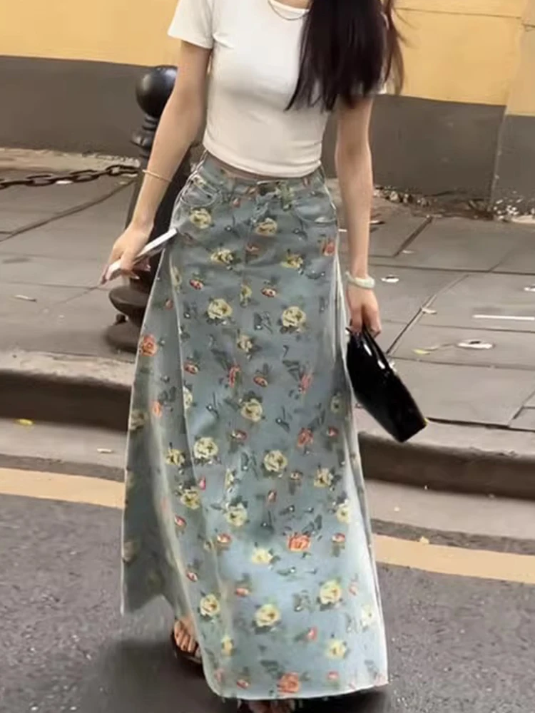 

Oversized American Retro Print Denim Skirt Women Spring/Summer New High Waist A-line Raw Edge Temperament Wrap Hip Long Skirts