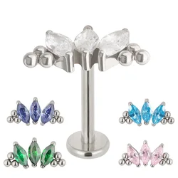 ASTM F136 Titanium PIERC 3 CZ Marquise With Tri-bead Cluster Threaded Top Ear Cartilage Earrings Lip Ring Stud Piercing Jewelry