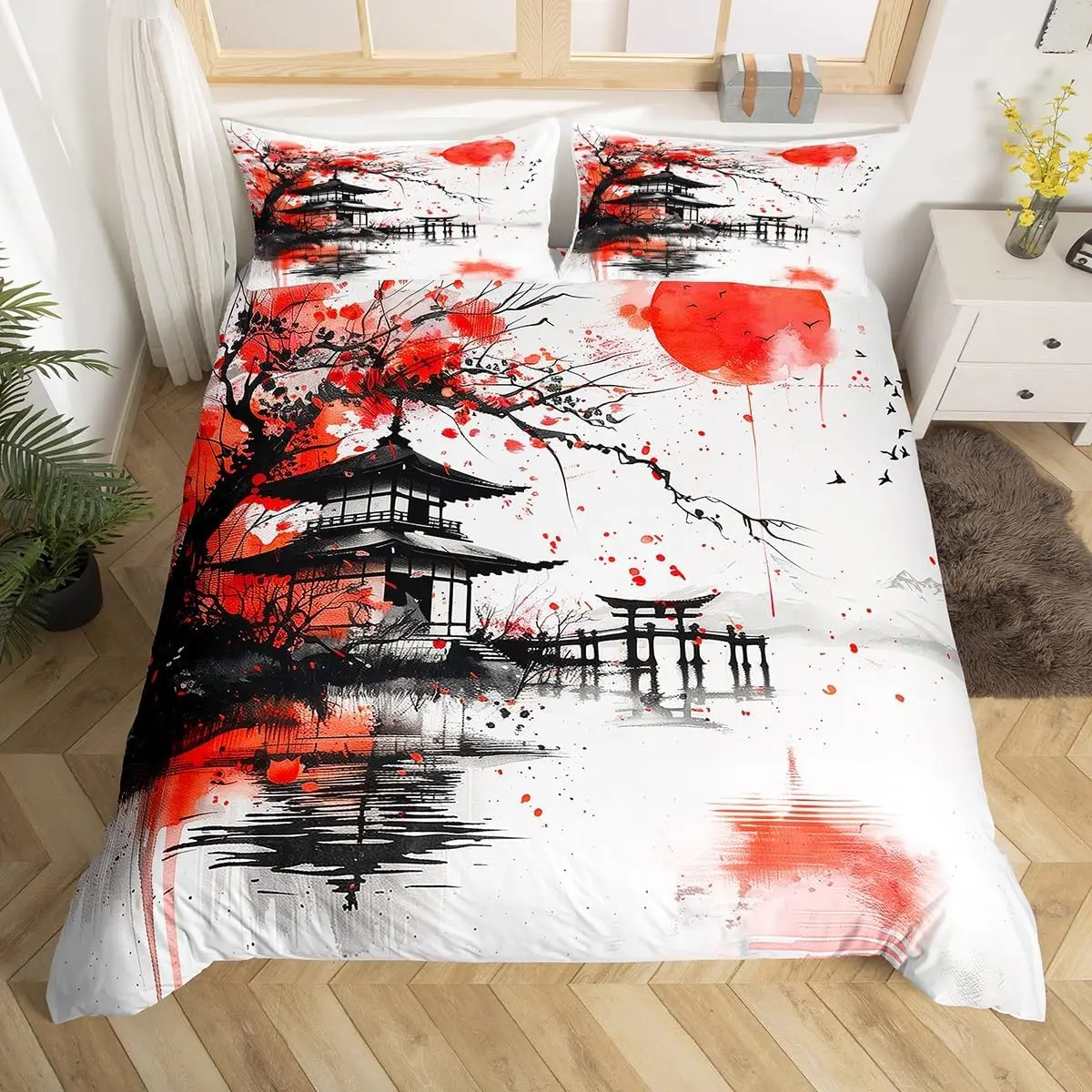Japanese Anime Bedding Set Queen Size Japan Cherry Blossom Floral Duvet Cover Abstract Art With 2 Pillowcases