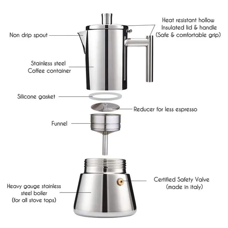 Moka Pot Italia Stainless Steel, mesin Espresso Pot kopi bisa menyeduh 4-10 cangkir, mesin pemanas Espresso kompor induksi