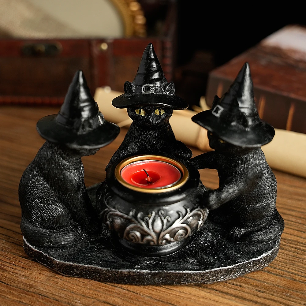 1 PC Halloween Decoration Witch Cat Candle Holder Resin Decoration Resin Crafts Holiday Decoration Home Decoration