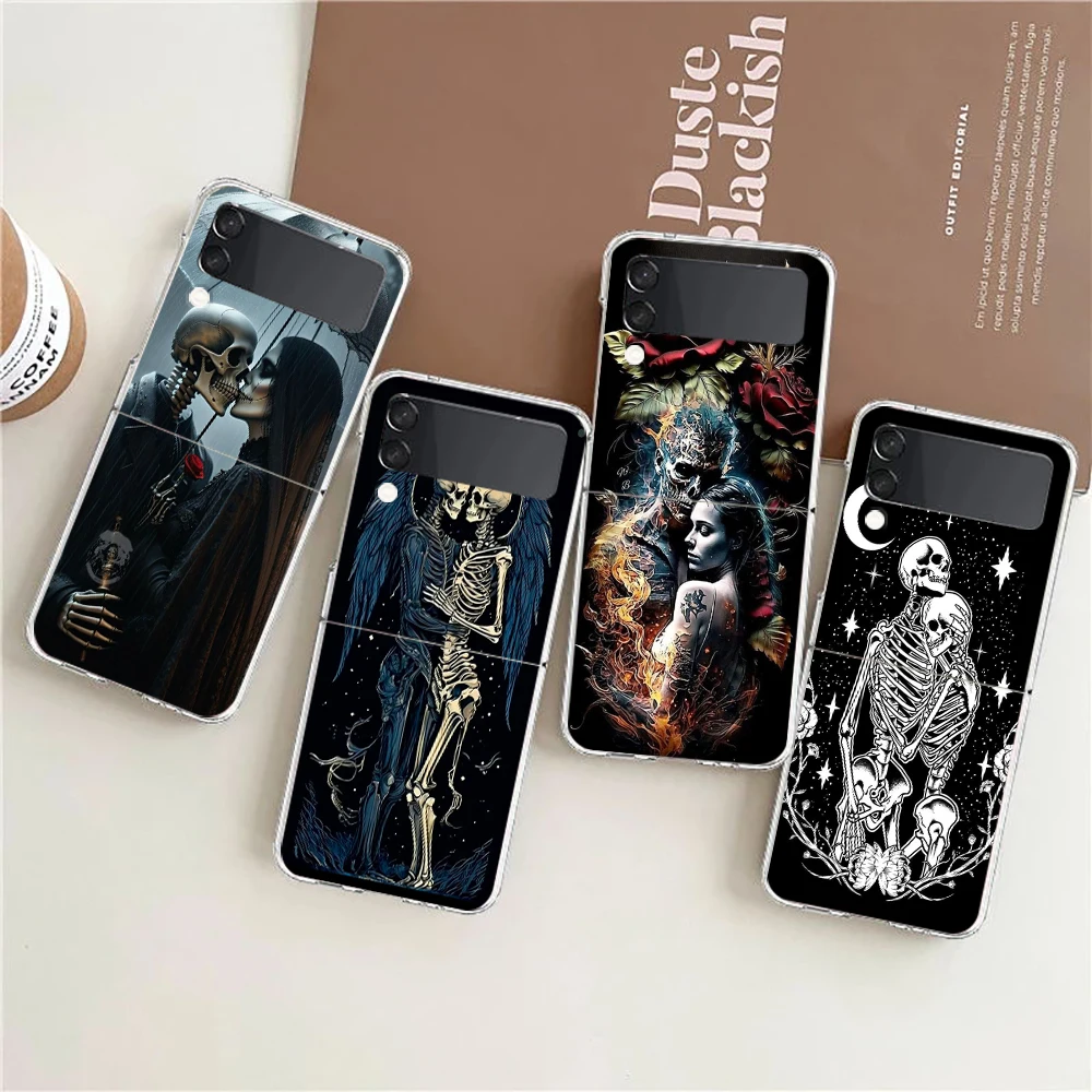 Phone Cover For Samsung Galaxy Z Flip 7 6 5 4 Case Transparent For Samsung Z Flip 3 Hard PC Foldable Shell Skeleton Love Skull