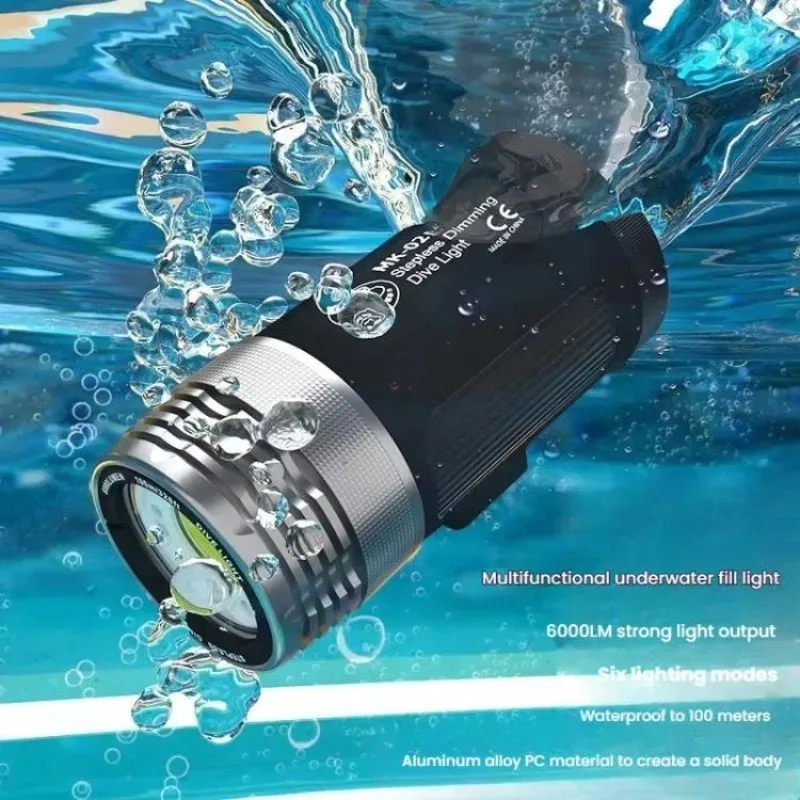 SeaFrogs 100m Depth Waterproof Diving Flashlight 6000LM Strong Light 6 Light Modes MK-02