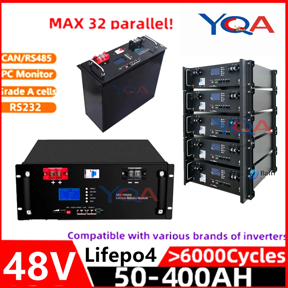 51,2V 10KWh zonne-batterij 48v 200AH LiFePO4 100AH 250AH 300Ah 400Ah RS485/RS232/CAN 32 parallel 6000+cyclus voor off-grid PV