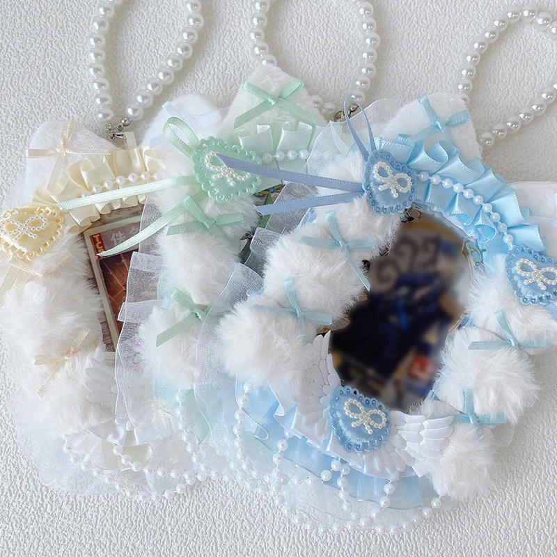 Furry Korean Fashion Kpop Photocard Holder Lace Top Loader Sweet Lace Bow Heart Id Photo Card Case Key Ring Photocard Protector
