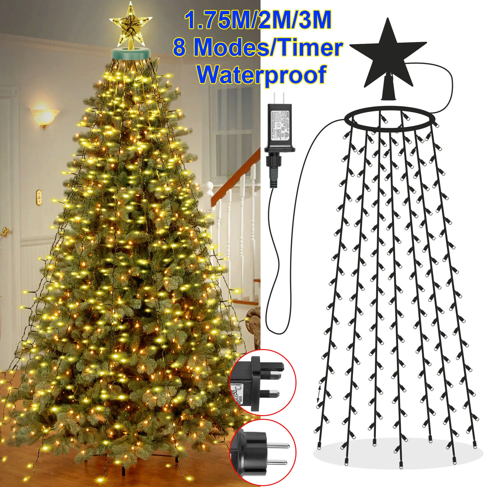 3M Safe Voltage 490LED Christmas Tree Waterfall Lights with Star Topper 8 Modes Timer Outdoor Meteor Fairy Light Xmas Decoration