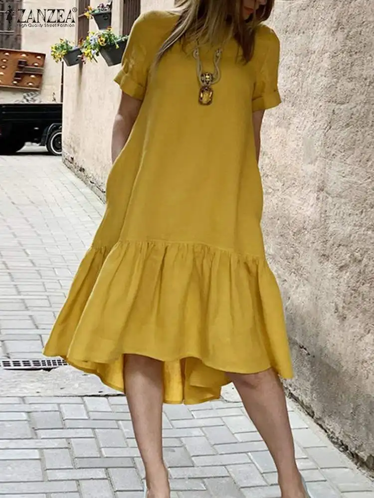 

ZANZEA 2024 Summer Fashion Long Shirt Dress Women Elegant Short Sleeve Mid-calf Ruffled Vestido Casual Solid Color Sundress Robe