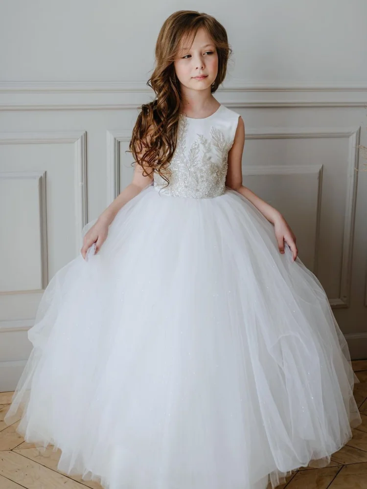 Vestidos blancos de flores para niña, patrón de flores de lentejuelas de tul con lazo, sin mangas para boda, fiesta de cumpleaños, vestidos de primera comunión