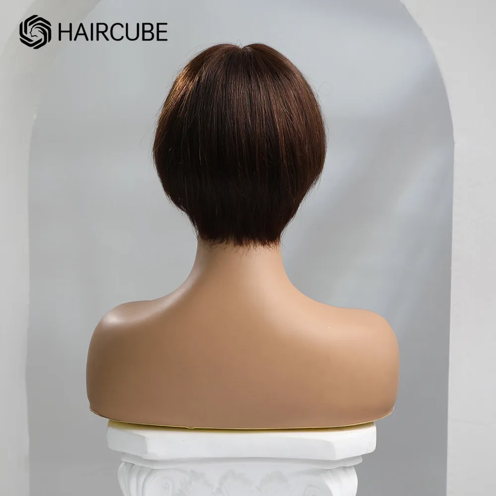 HAIRCUBE Natural Human Hair Wigs for Women Short Bob Wig with Bang Dark Brown Layered Straight Remy Hair Wigs Heat Resistant