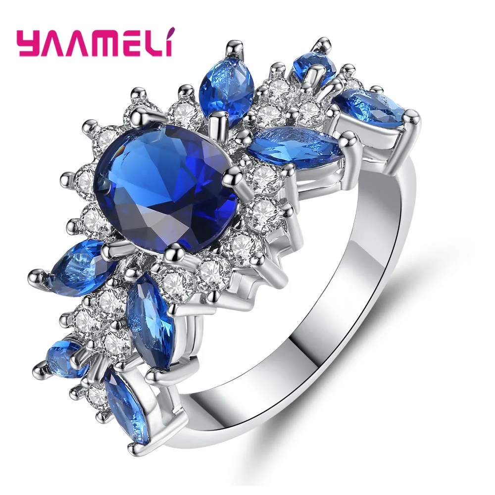 Classic Blue Crystal Wedding Rings For Women 925 Sterling Silver AAA CZ Rhinestone Fashion Engagement Christmas Gift Jewelry