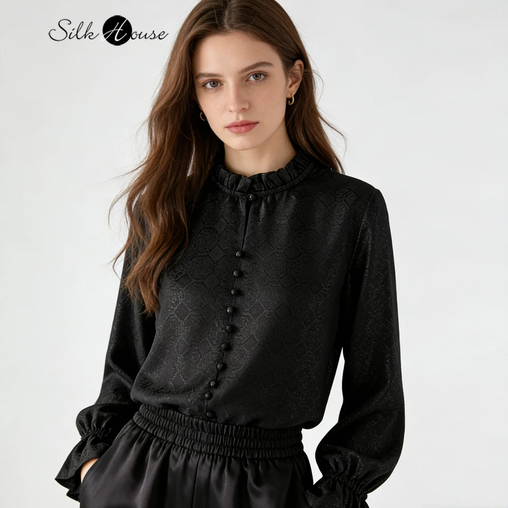 

Women's Fashion Spring Clothing French Light Luxury 100%Natural Mulberry Silk Jacquard Satin Long Sleeved Versatile Pink T-shirt