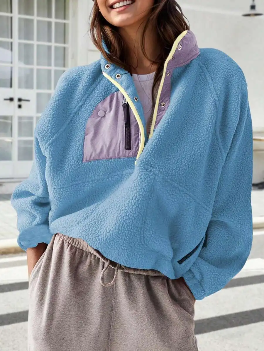 

Women's Cropped Fleece Pullover Jacket with Zipper Pocket and Contrast Trim