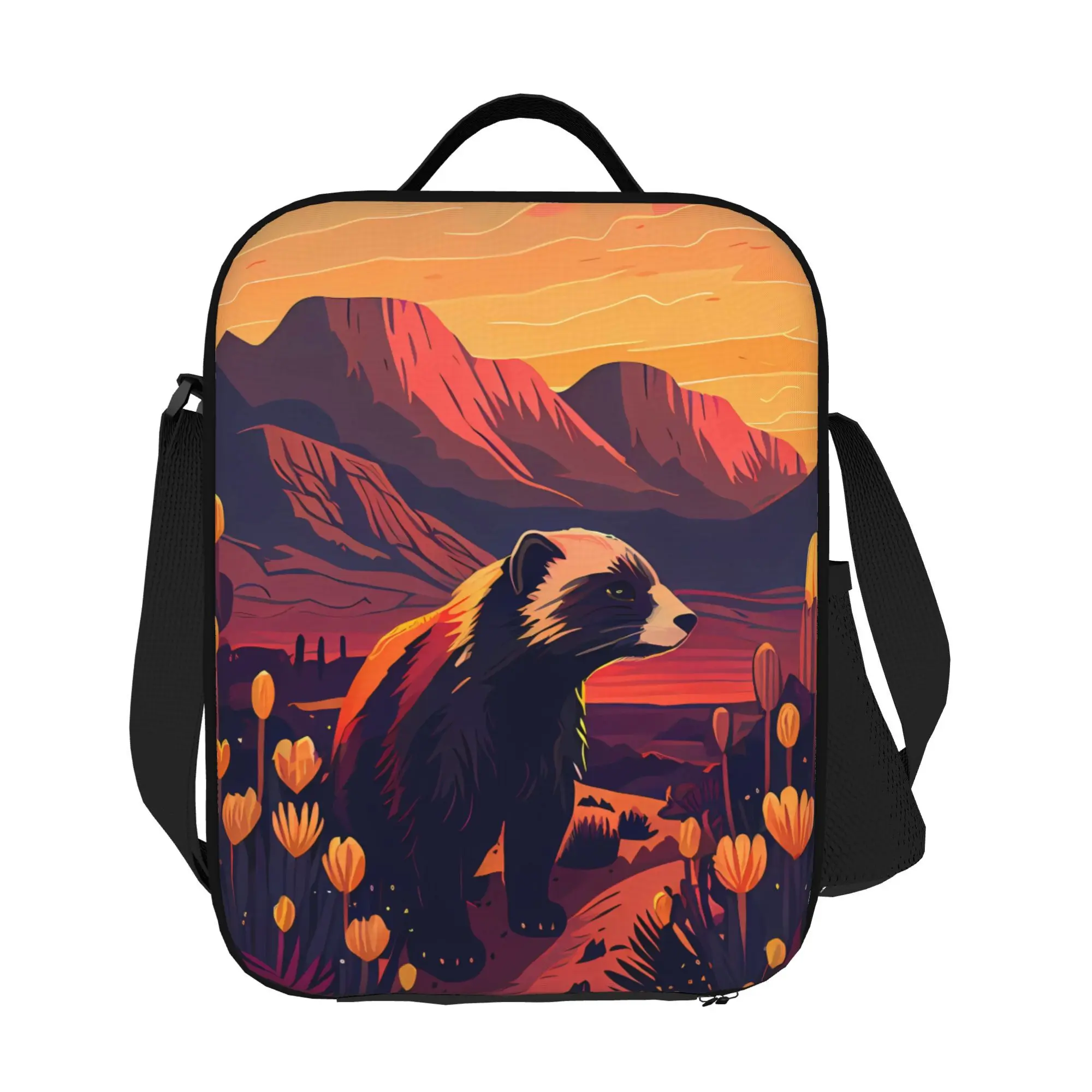 Honey Badger Print Tote Bag - Durable Square Backpack with Padded Back Panel Black Strap, Stylish Desert Wildlife Design