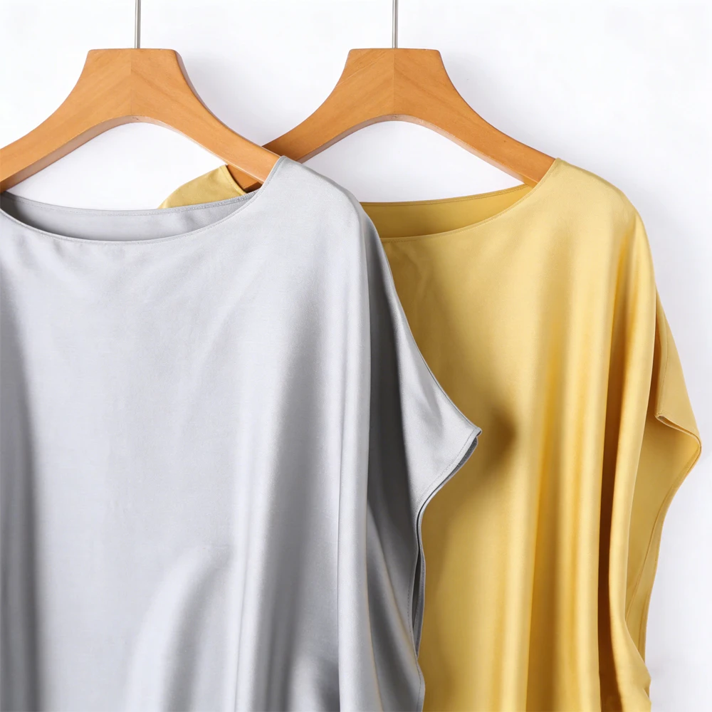 Dark Pattern Jacquard 93% Natural Mulberry Silk Elastic SangBo Satin Batwing Short Sleeved Loose One Neck Summer Casual T-shirt