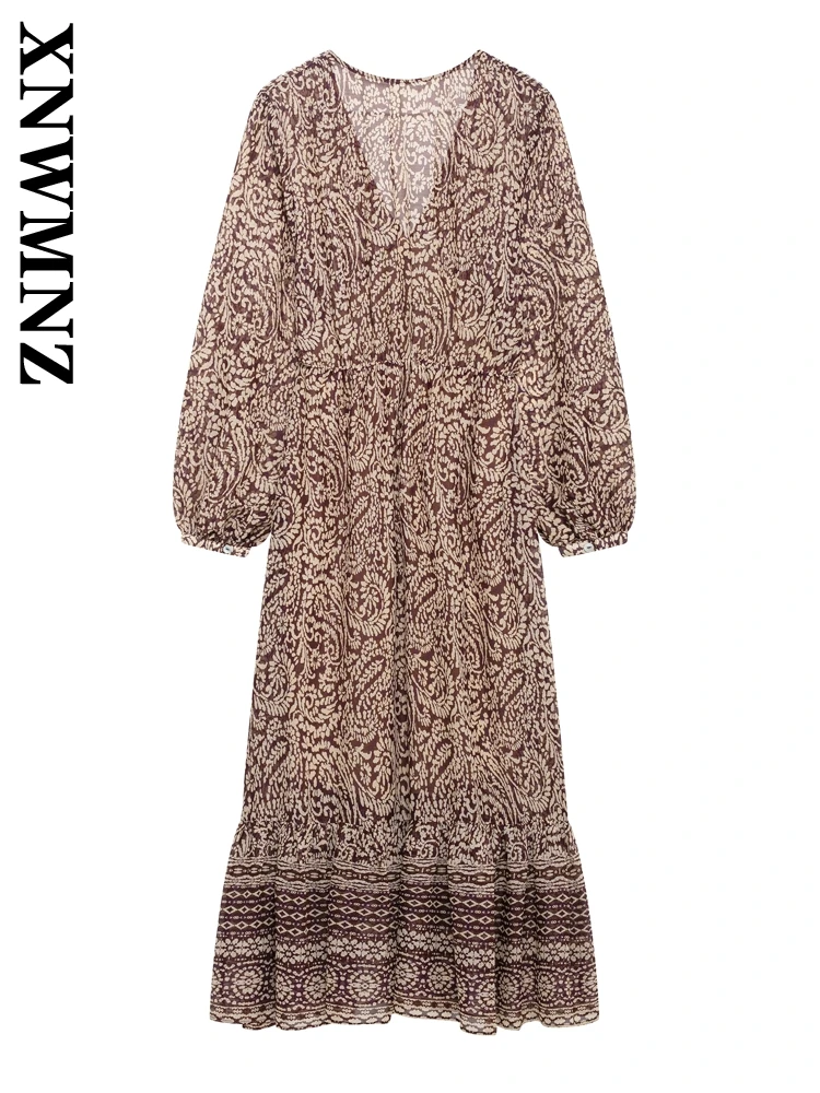 XNWMNZ 2025 Summer New Lady Elegant Long Sleeve Satin Dresses Dress Hipster Female Lace V-Collar Top Loose Fit Midi Skirt Print