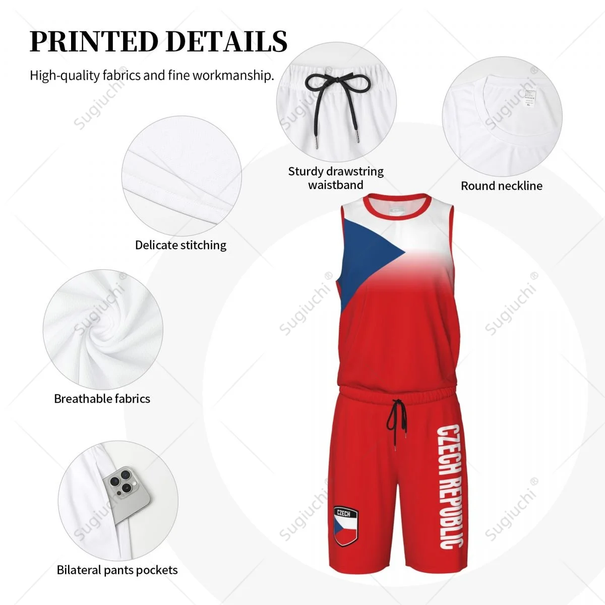 Men Czech Republic Flag Basketball Set Shirt & Pants Sleeveless Exclusive view 5