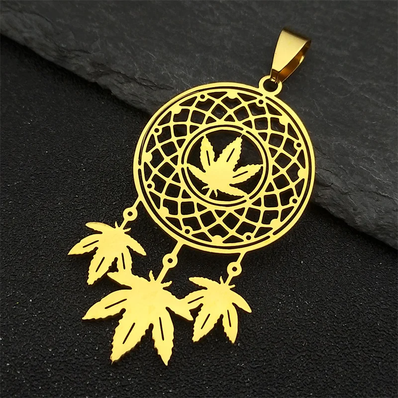 3Pcs Indian Maple Leaves Dreamcatcher Pendants For Women Men Stainless Steel Gold Color Help Sleep Charms Jewelry Amulet