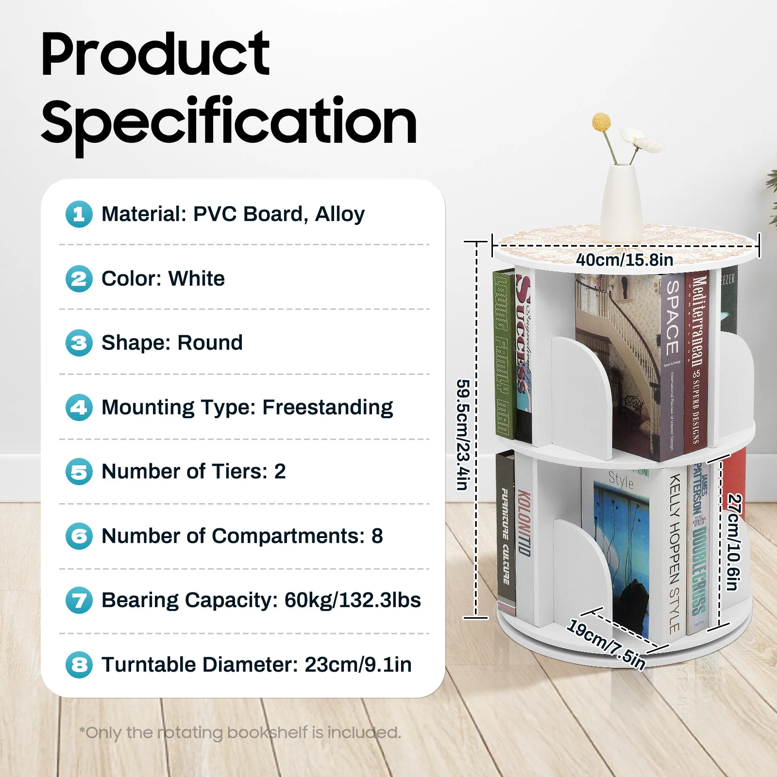 360 °   رف كتب دوار مكون من طبقتين و8 حجرات لتخزين كتب الأطفال وحامل عرض لغرفة المعيشة والمكتب الحديث