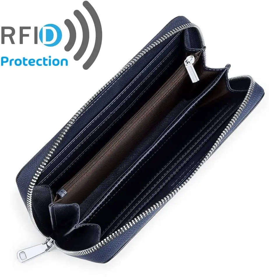 VANNANBA Long Zipper Wallet for Men RFID Blocking Leather Wallet Large Capacity Credit Card Holder with Gift Box(Dark Blue)