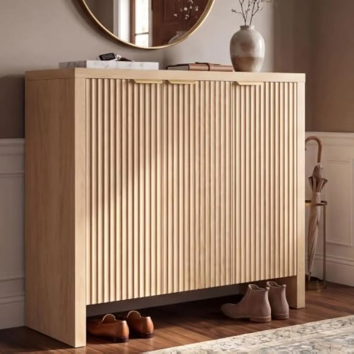 Tall Fluted Entryway Cabinet with 4 Adjustable Shelves and Wave-Textured Doors for Flexible Shoe Storage in Hallway Living Room