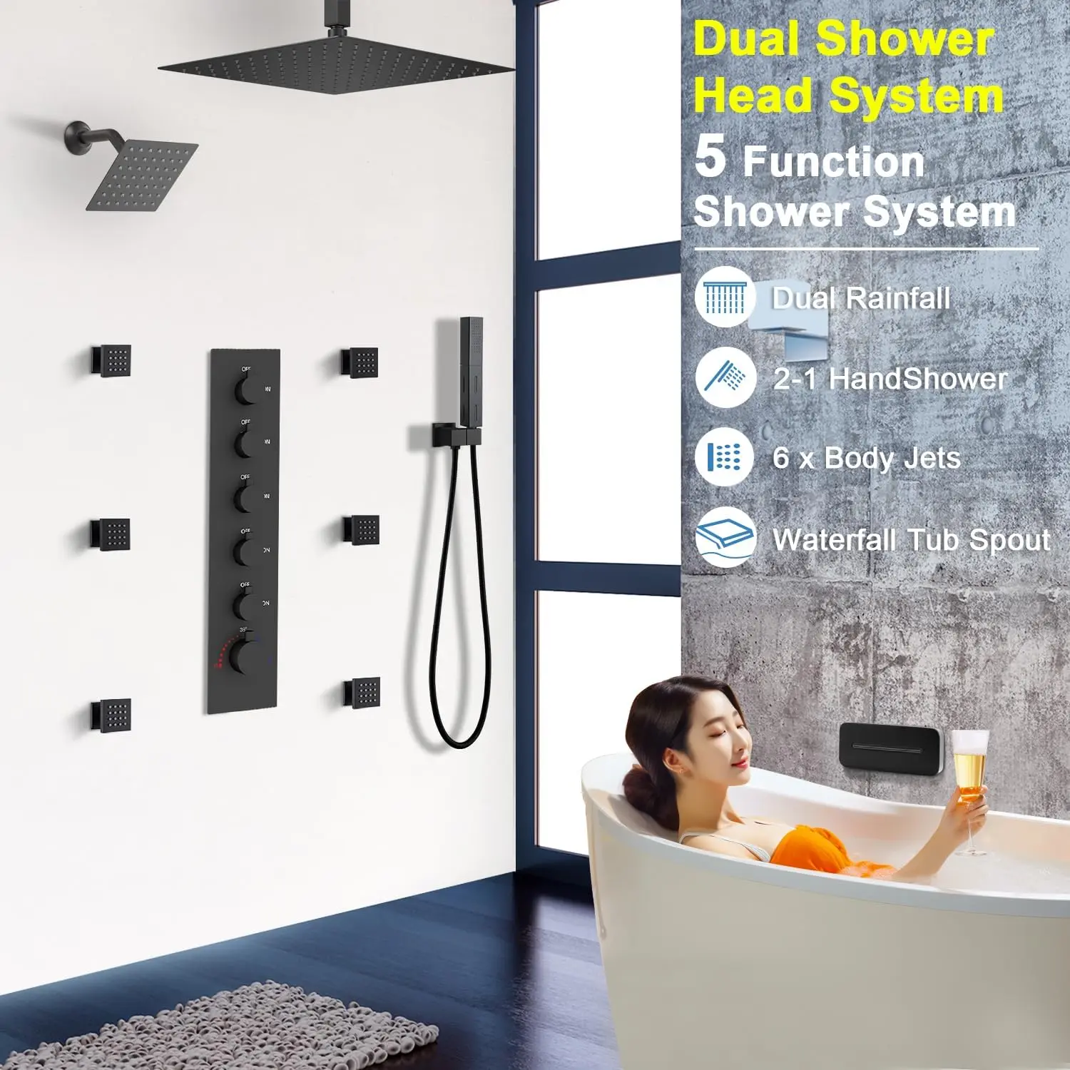 Thermostatic Dual Shower Head Full Body Shower System Can All Run Together Black Shower Set