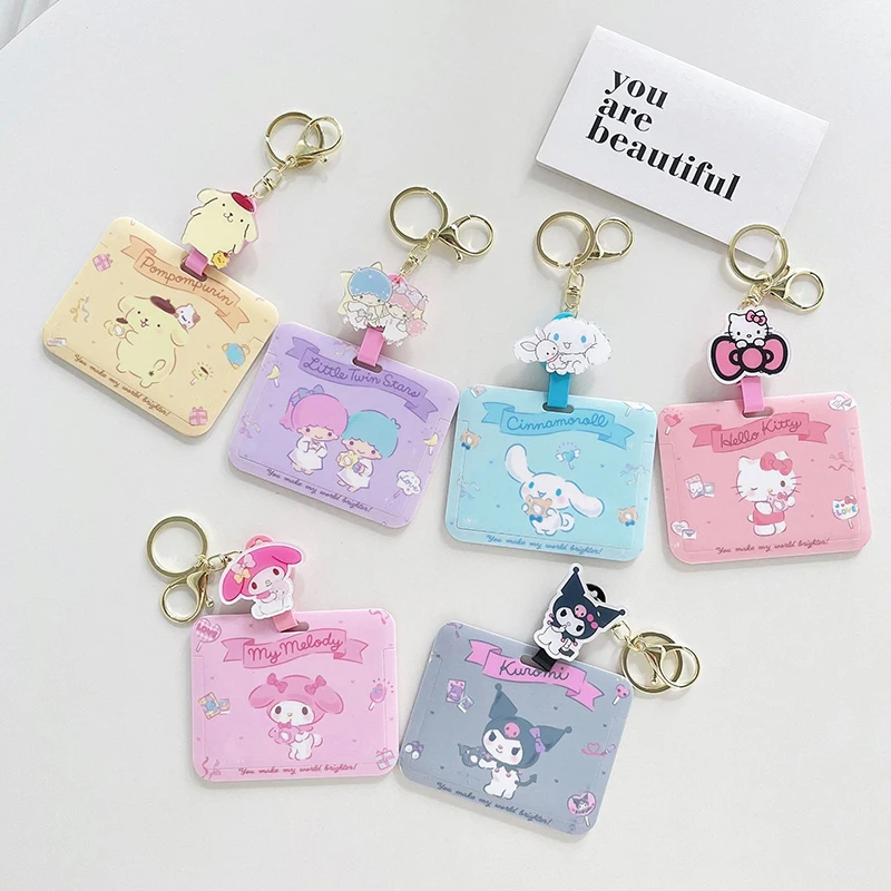 Kawaii Anime Sanrio My Melody Kuromi Cinnamoroll Card Protector Cute Cartoon Keychain Card Case Cover Pendant Children Gift