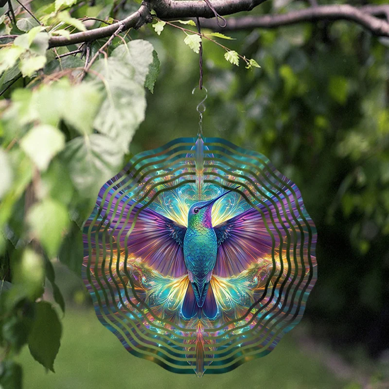 Hummingbird Wind Spinner 10 Inch – 360° Rotating Iridescent Metal Outdoor Garden Decor with Hook