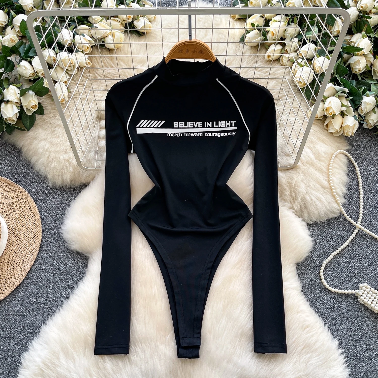 

Hotsweet Elegant letter O-neck Bodysuits Straps Top Sexy Streetwear High Street Autumn Winter Jumpsuit