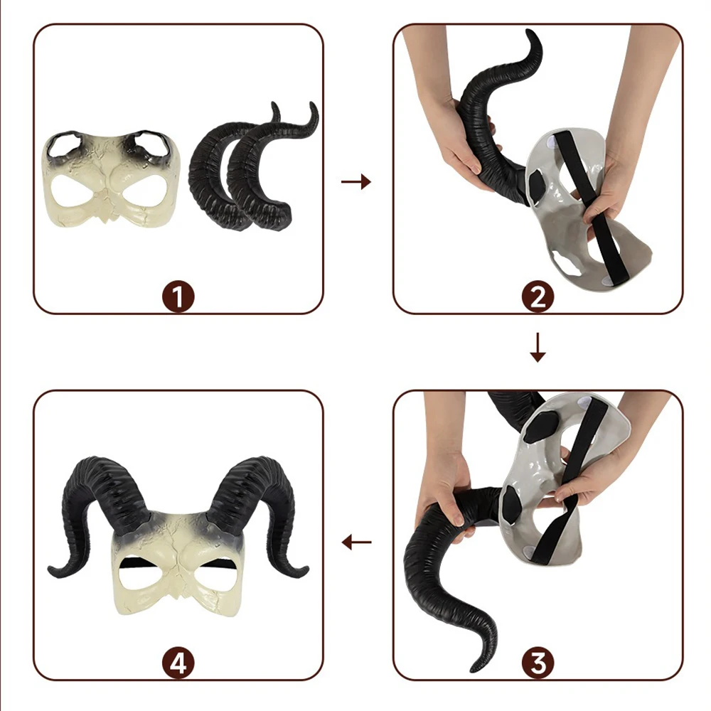 قناع نصف وجه على شكل قرن الشيطان الأبيض للهالوين، زي شخصية للعطلات، دعائم أداء الرقص، قناع بلاستيكي مزخرف بموضوع الرعب