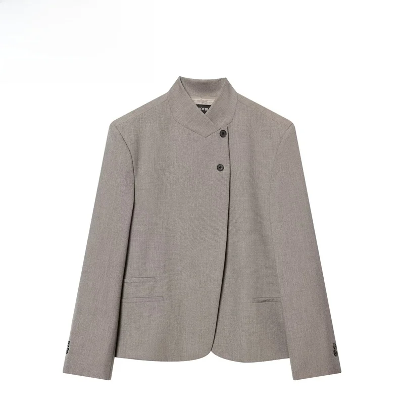 

Fashionable High Collar Women's Suit Jacket Autumn Winter Polyester Fiber Long Sleeve Loose Fit Short Coat with Pockets