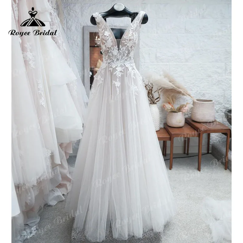 2024 Beach A Line abito da sposa fluido con scollo A V Appliques in pizzo abito da sposa senza schienale abito da sposa da spiaggia trouwjurk Robe de mariee