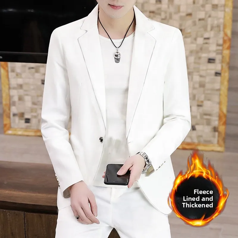 

Korean Sle Men's Thiened Fce Lined Casual Suit Set Slim Fit Two Piece Briti Sle Trendy Outerwear Winter Busin C...
