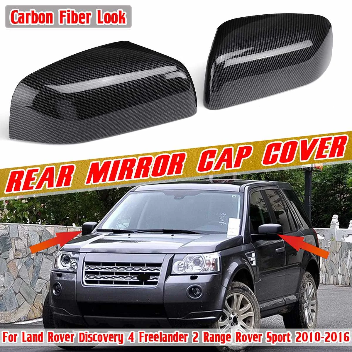 2x Carbon Fiber Look Car Side Rear View Mirror Cover Cap For Land Rover Discovery 4 Freelander 2 Range Rover Sport 2010-2016