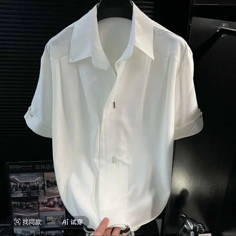 Mens Solid Color Satin Button Down Shirt Turn Down Collar Short Sleeve Casual Blouse with Metal Buckle Detail