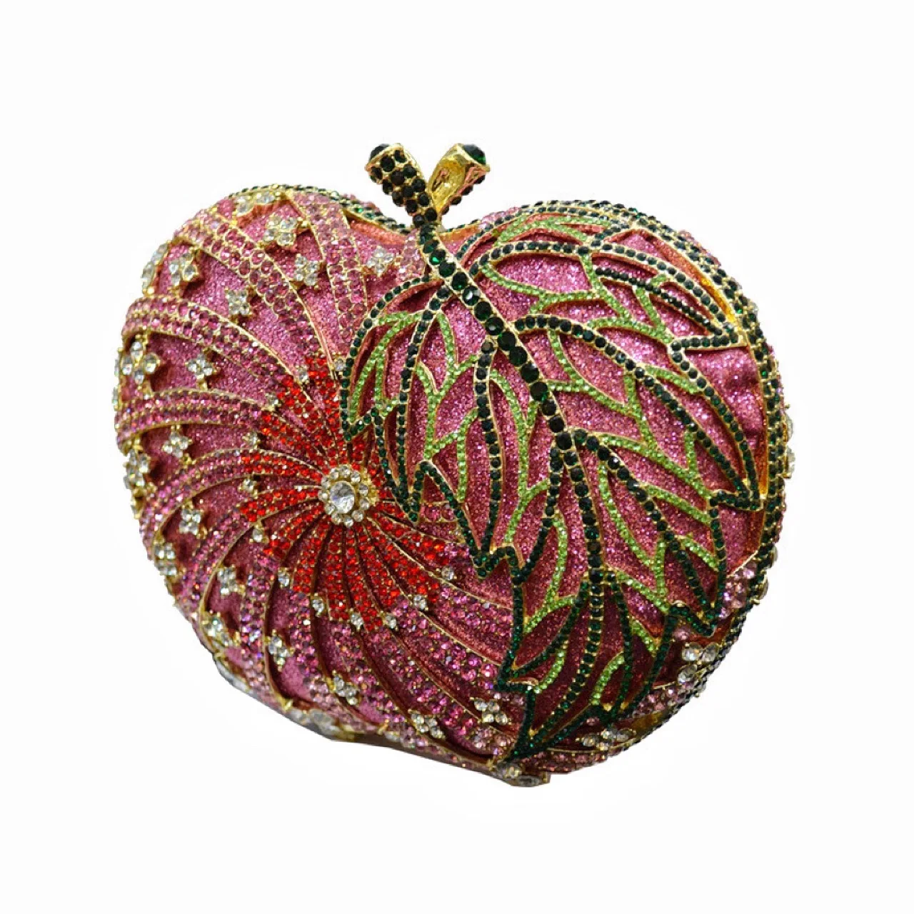 17x13CM Apple-shaped diamond-studded Evening Bag Leaf Hollowed-out Metal Bag Banquet  Women Clutch bag A7542