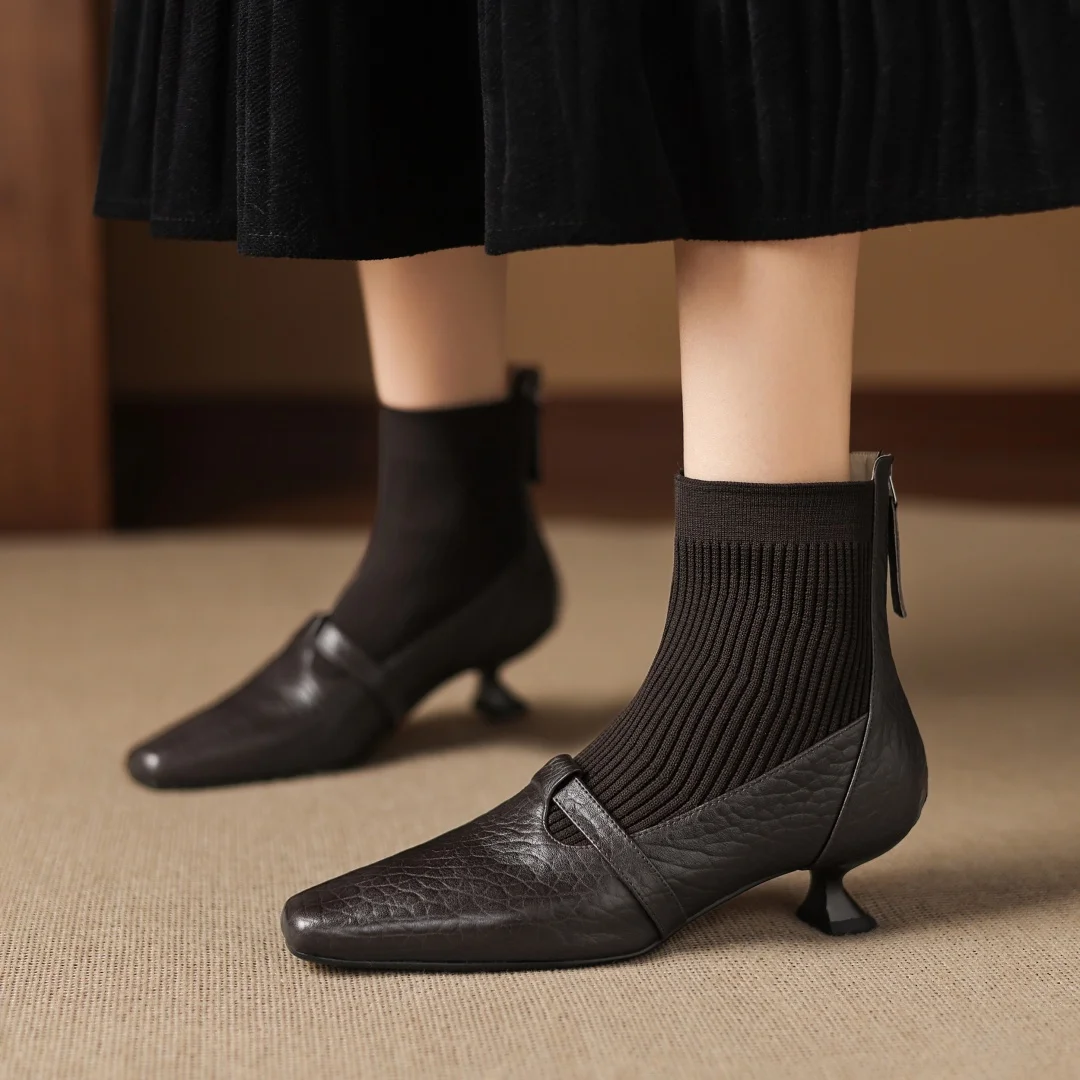 

Women's cow leather stretch knit patchwork square toe back zip autumn ankle boots 4.5cm thin high heel elegant ladies short boot