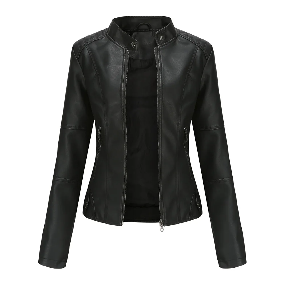 Blouson automne-printemps en cuir PU femme, avec fermeture éclair, rouge, noir, abricot, café, vêtement d'extérieur pour motard, 2023