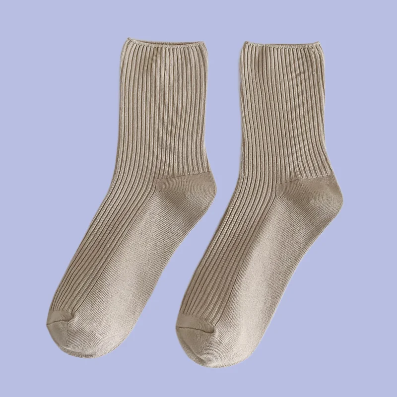 6/12 par Solid Color All-match Simple Khaki Color Double Needle Vertical Striped Cotton New Women Middle Tube Socks Dudu Socks