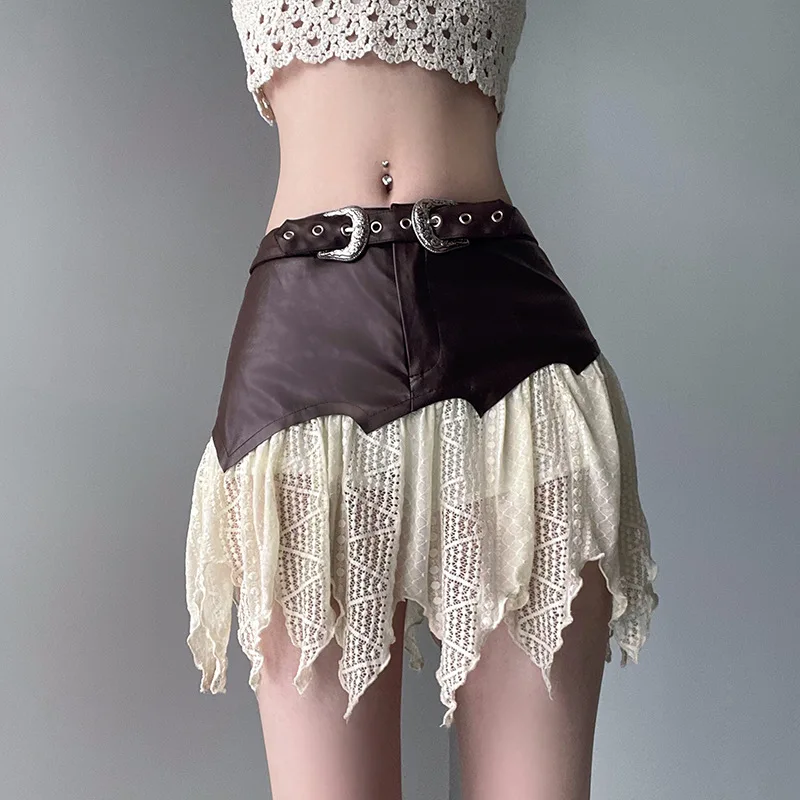 

One piece leather patchwork irregular lace skirt 2023 tassel spicy girl short skirt harajuku korean style Slim Fit