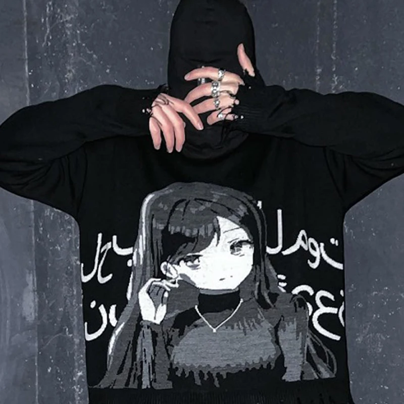 

Унисекс большой вязаный свитер винтажный хип-хоп мультфильм графический Harajuku свободный уличный пуловер с круглым вырезом для женщин и мужчин