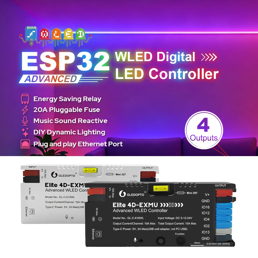 GL-C-618WL ESP32 WLED LED Controller with 4 Outputs Ethernet Microphone UART Energy Saving Relay 20A Pluggable Fuse for RGBIC